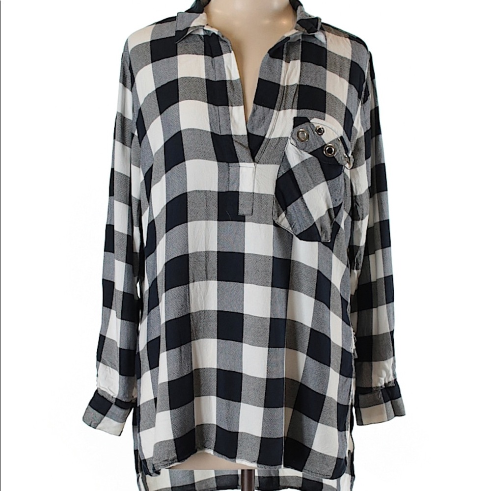 Zara Black and White Buffalo Plaid Button-Detail Blouse
